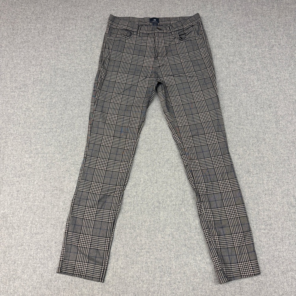 H&M Skinny Fit Pants Size 30 Gray Glen Plaid Check Cotton Stretch Trousers 2733